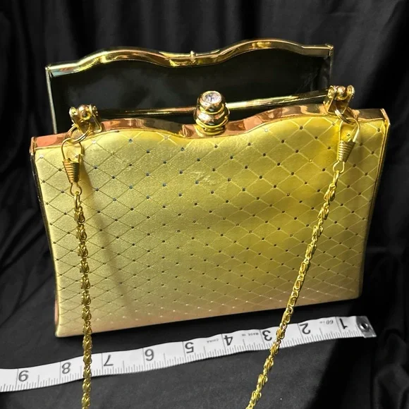 Joymax Vintage Gold Jewel Embellished with Rhinestone Kiss Clasp Purse Hand Bag - Picture 7 of 12